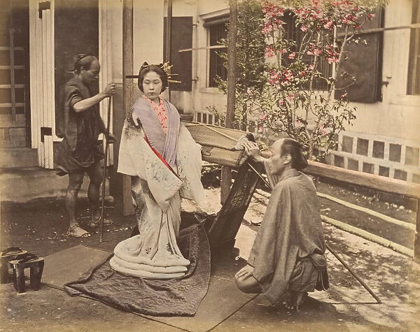[Japanese Woman in Traditional Dress Posing with Two Men], 1870s. Creator: Unknown
