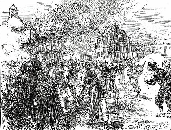 A Journey into the Herzegovina: Fire at a Gunpowder Depot at Grahovo, 1876. Creator: C.R