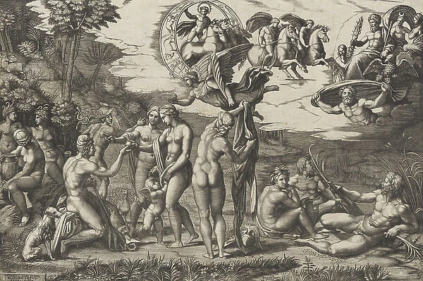 The Judgment of Paris; he is sitting at left with Venus, Juno and Pallas Athena, a... ca. 1510-20. Creator: Marcantonio Raimondi