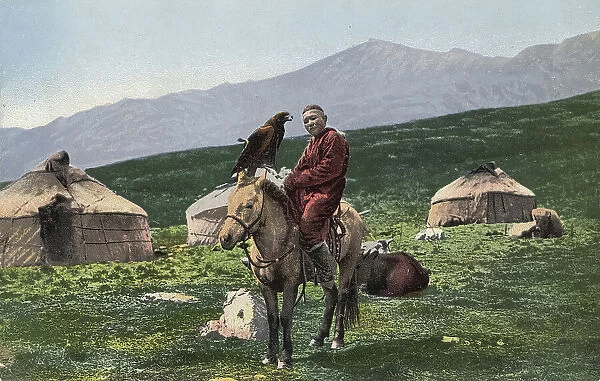 Kazakh with a Golden Eagle, on a Horse with Yurts in the Background, Valley of the Arakan...1911-13 Creator: Sergei Ivanovich Borisov