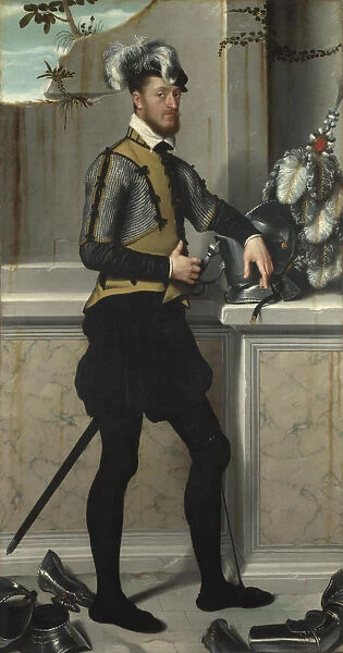 A Knight with his Jousting Helmet (Il Cavaliere dal Piede Ferito, Conte Faustino Avogadro (?), ca 1554. Artist: Moroni, Giovan Battista (1520  /  25-1578)