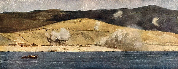 La baie de Suvla et les Falaises d'Anzac; Eclatements d'obus turcs de gros calibre, 1915 (1916). Creator: Norman Wilkinson