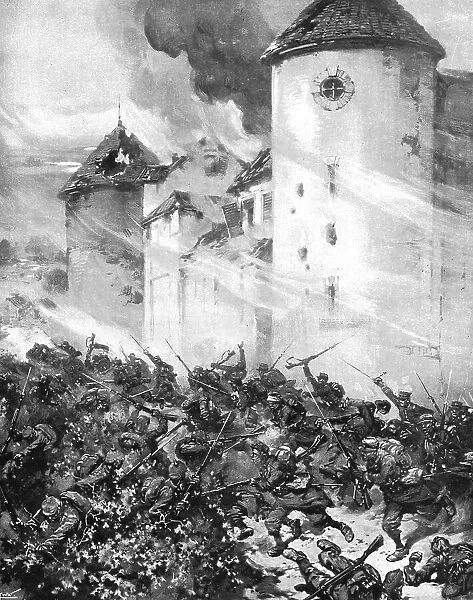 La lutte au Centre; La Garde Prussienne enfoncee sous les murs du chateau de Mondement, 1914. Creator: Unknown