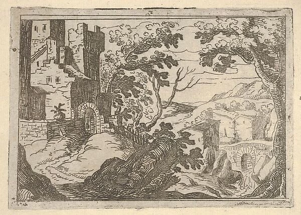 Landscape with buildings to the left and a bridge at right below, ca. 1620-50