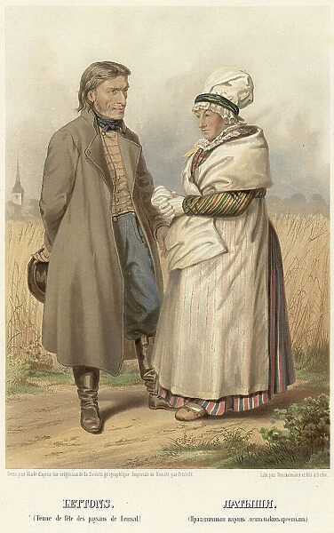 Latvians. (Festive attire of Lemzal peasants), 1862. Creator: Karl Fiale