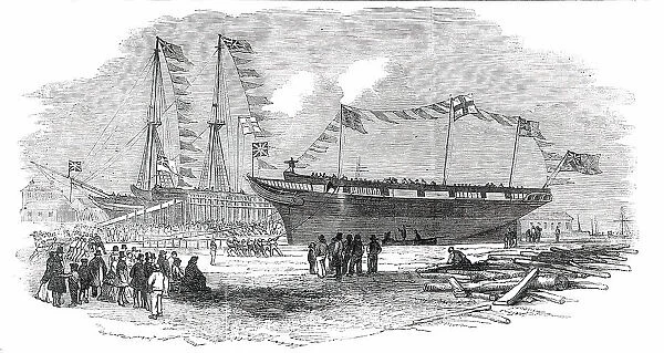 Launch of the 'Earl of Hardwicke', Whaling Ship, at Cowes, 1850. Creator: Unknown. Launch of the 'Earl of Hardwicke', Whaling Ship, at Cowes, 1850. Creator: Unknown