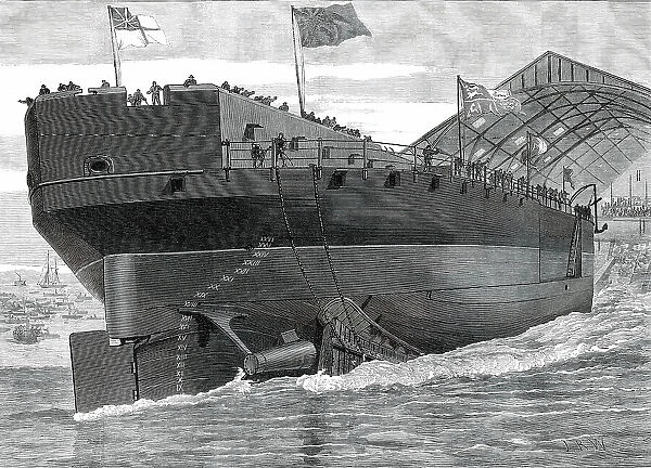Launch of the Inflexible at Portsmouth Dockyard: stern view of the ship, 1876. Creator: J. R. W