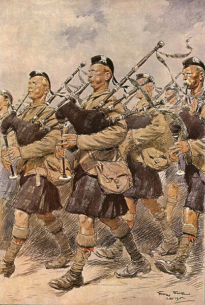 Les joueurs de cornemuse du 'Sutherland Highlanders', 1915. Creator: Georges Bertin Scott. Les joueurs de cornemuse du 'Sutherland Highlanders', 1915. Creator: Georges Bertin Scott