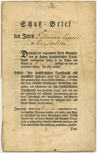 Letter of Protection for Callmann Lazarus from Friesenheim in Baden, 1777
