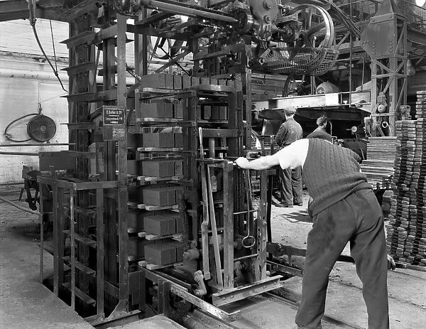 Loading a palletising machine with bricks, Whitwick Brickworks, Coalville, Leicestershire, 1963