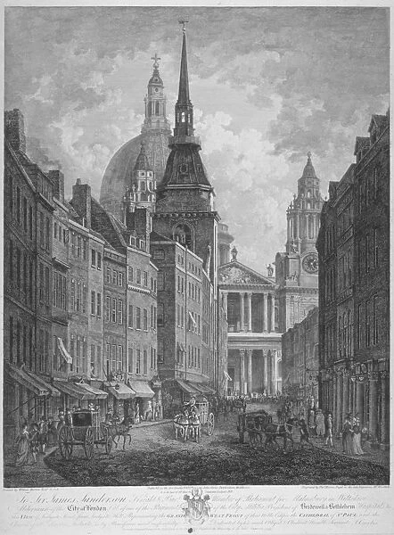 Ludgate Hill, Church of St Martin within Ludgate and St Pauls Cathedral, City of London, 1795