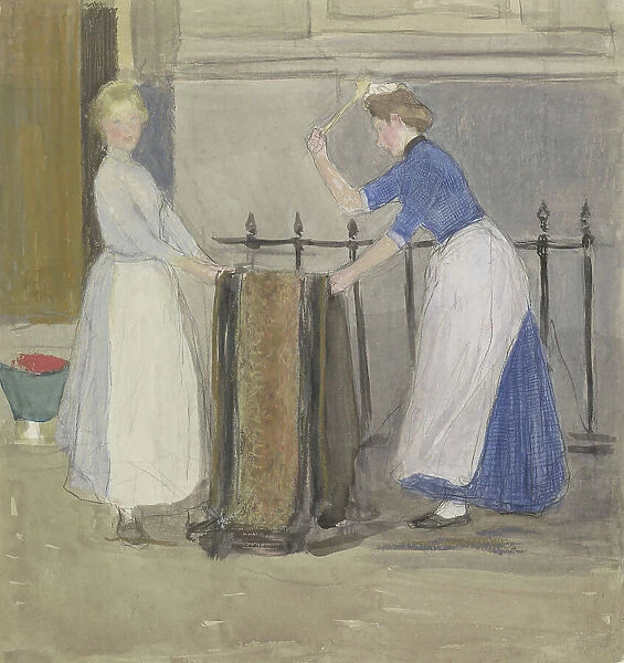 Two maids airing a mat in front of a town hall, 1874-1927. Creator: Johan Antonie de Jonge