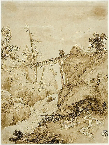 Man Crossing Log Bridge over Torrent, n.d. Creator: Jan van Eyck