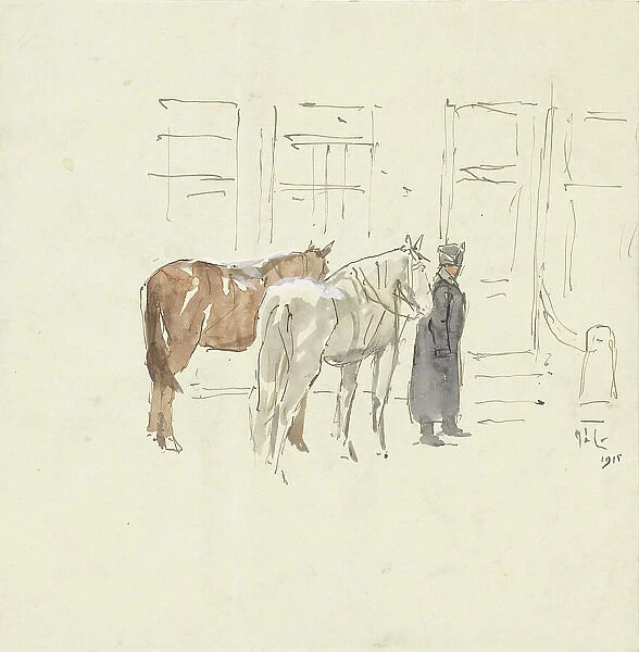 Man with two horses in front of a building, 1915. Creator: Adolf le Comte