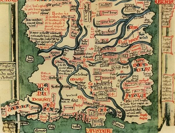 Matthew Pariss Map of Great Britain showing rivers & towns in the south of England & part of Wales, c. 1250 (1944)