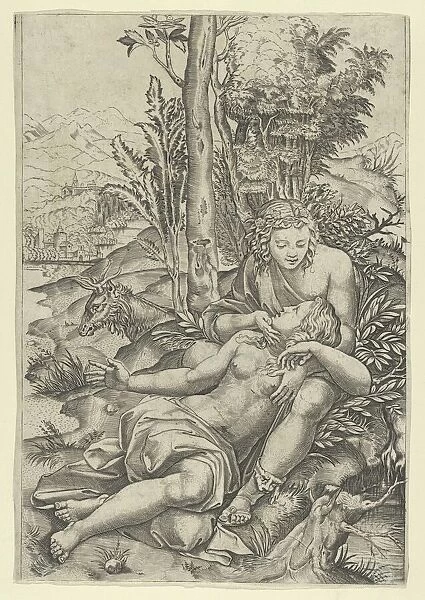 Medor and Angelica from Lodovico Ariostos Orlando Furioso or Venus and Adonis... ca. 1500-1534. Creator: Marcantonio Raimondi