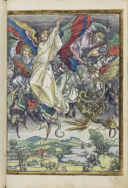 Michael's fight with the dragon. From the Apocalypse (Revelation of John), 1511. Creator: Dürer, Albrecht (1471-1528)