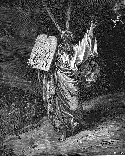 Moses descending from Mount Sinai with the tablets of the law (Ten Commandments), 1866. Artist: Gustave Dore