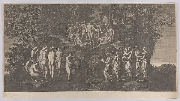 The musical contest between the Muses on one side and the Pierides on the other, judg... 1750-1850. Creator: Anon