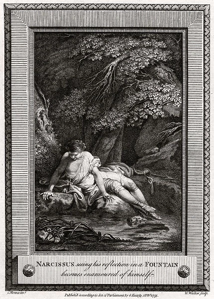 Narcissus seeing his reflection in a Fountain becomes enamourd of himself, 1775. Artist: W Walker