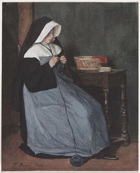 A Nun Seated at a Table Knitting, 1862. Creator: Francois Bonvin (French, 1817-1887)