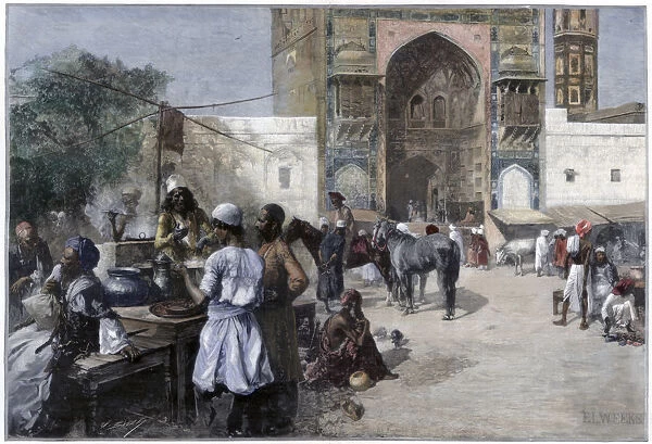An open-air restaurant at Lahore, India, 1880. Artist: Edwin Lord Weeks