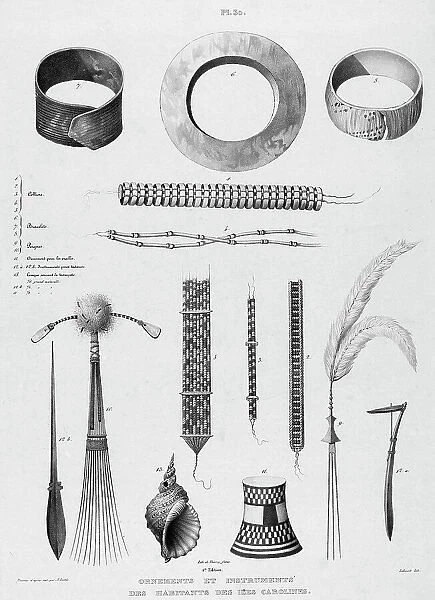 Ornaments and instruments of the inhabitants of the Caroline Islands, 19th century. Creators: Alexander Postels, Pierre Frederic Lehnert