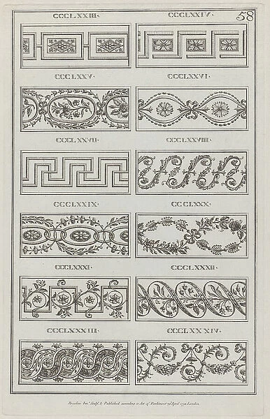 Panels of Ornament, nos. CCCLXXIII-CCLXXXIV ('Designs for Various Ornaments, ' pl... April 29, 1791. Creator: Michelangelo Pergolesi. Panels of Ornament, nos. CCCLXXIII-CCLXXXIV ('Designs for Various Ornaments, ' pl... April 29, 1791)