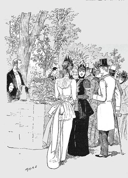 The Paris Season - drawn by Mars; A Garden Party - A Busy Corner, 1891. Creator: Mars