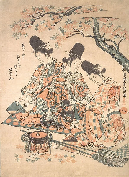Parody of Palace Servants Heating Sake over a Fire of Maple Leaves, ca. 1750. ca. 1750