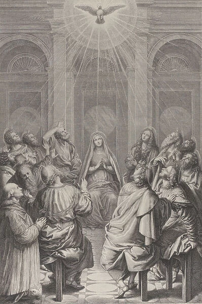 The Pentecost, with the Apostles and the Virgin sitting in a circle, the Holy Spirit ap