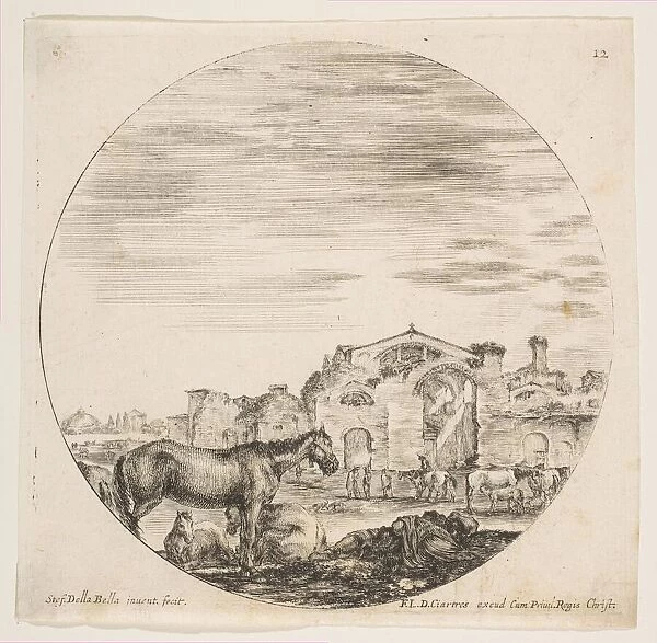 Plate 12: a shepherd sleeping on the ground at right, three horses at left, other hors
