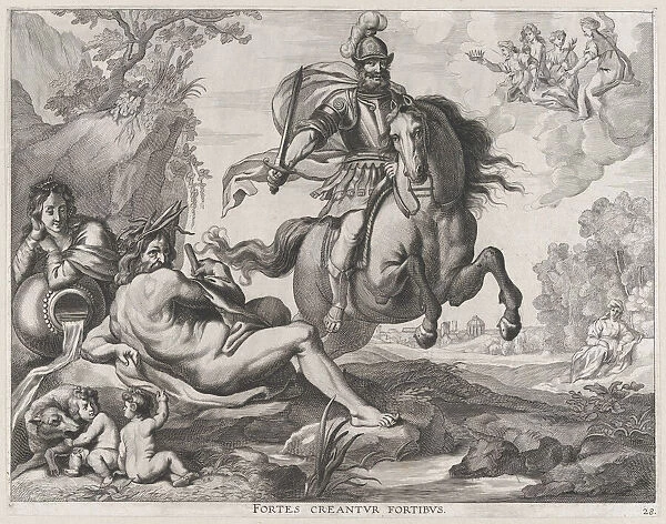 Plate 28: Mars on horseback at center, and Romulus and Remus with the wolf at lower left;... 1636. Creators: Jacob Neeffs, Johannes Meursius, Willem van der Beke