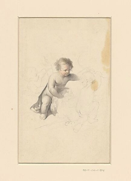 Three putti with a torch, eagle and bow, 1800-1900. Creator: Anon