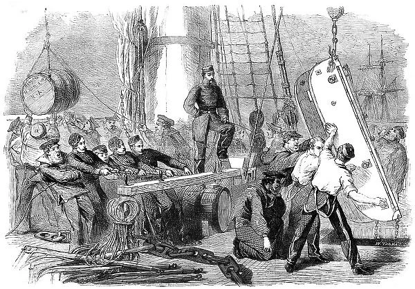 Reinforcements for Canada: shipping sledges on board the Calcutta at Woolwich for guns... 1862. Creator: W Thomas