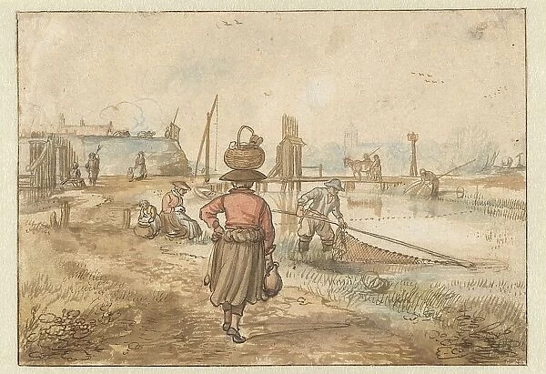 River Landscape with a Woman Carrying a Basket on her Head, Fishermen and Other Fig... before c1620 Creator: Hendrick Avercamp
