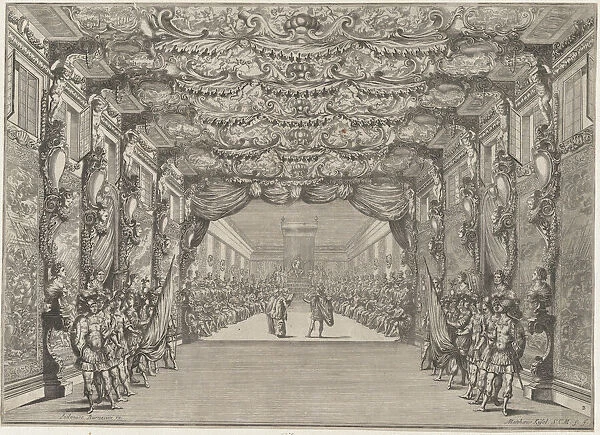 The Roman curia with guards in the anteroom; set design from Il Fuoco Eterno, 1674. Creator: Mathaus Küsel