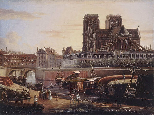 The Saint-Charles bridge, Hôtel-Dieu, Archdiocese and Notre-Dame, seen from Quai de... circa 1820. Creator: Unknown