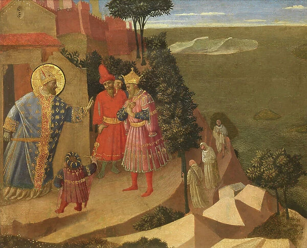 Saint Romuald Forbidding Entry to the Monastery to Emperor Otto III, ca 1430-1435. Creator: Angelico, Fra Giovanni, da Fiesole (ca. 1400-1455)