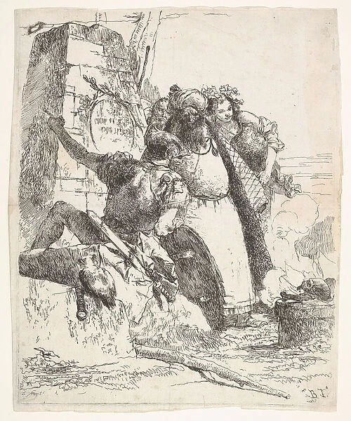 A scene of necromancy: a woman bearing a vessel, a turbaned man, and a soldier look