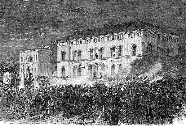 The Schleswig-Holstein Difficulty: torchlight welcome to Prince Frederick, ...Railway Hotel, 1864. Creator: Unknown