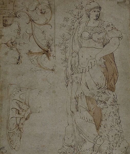 Three Sketches: Fortitude, a Sandal, and Grotesques (recto); Sketches of Grotesques... 1560 / 69. Creator: Unknown