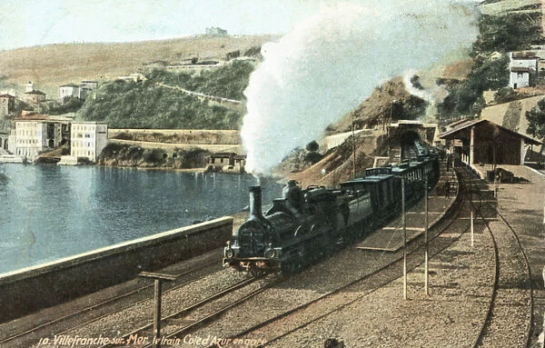 Steam Train in the Villefranche sur Mer station on the French Riviera, 1910