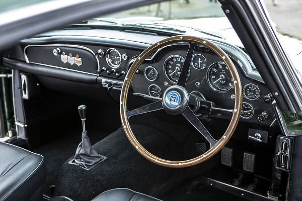 Steering wheel and dashboard of a 1961 Aston Martin DB4 GT previously owned by Donald