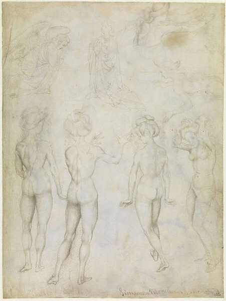 Four Studies of a Female Nude, an Annunciation and Two Studies of a Woman Swimming, c. 1425. Artist: Pisanello, Antonio (1395-1455)