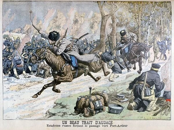 Surprise attack by Russian cavalry on the road to Port Arthur, Russo-Japanese War, 1904