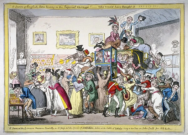 A swarm of English bees hiving in the Imperial carriage!! a scene at the London Museum, 1816