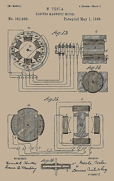 Tesla's Electro-magnetic motor patent. Creator: Historic Object