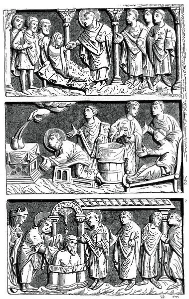 A triptych of the healing work of St Remy, Bishop of Reims, 11th century (1870)