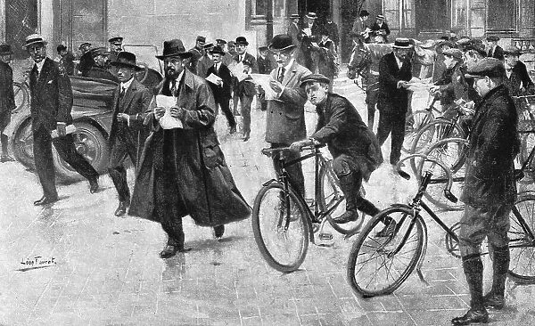 Une scene quotidienne du temps de guerre; La distribution du communique de 15 heures, 1916. Creator: Leon Fauret